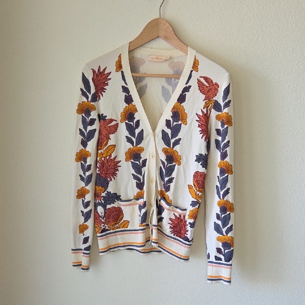 TORY BURCH Madeline Cardigan Wonderland Vine Cream Floral Sz S/P Classic